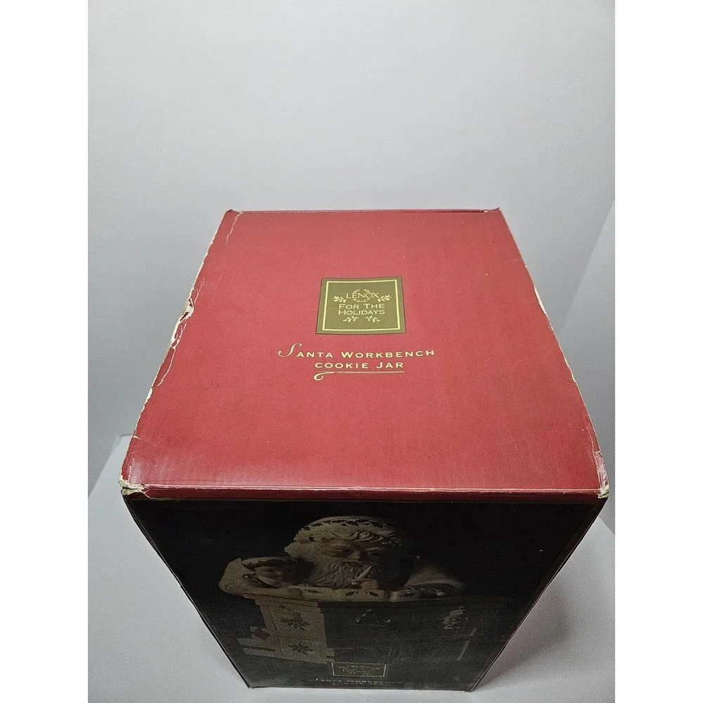 Lenox Santa Workbench Cookie Jar Ceramic Christmas Toy Shop Elf Figurine Gold